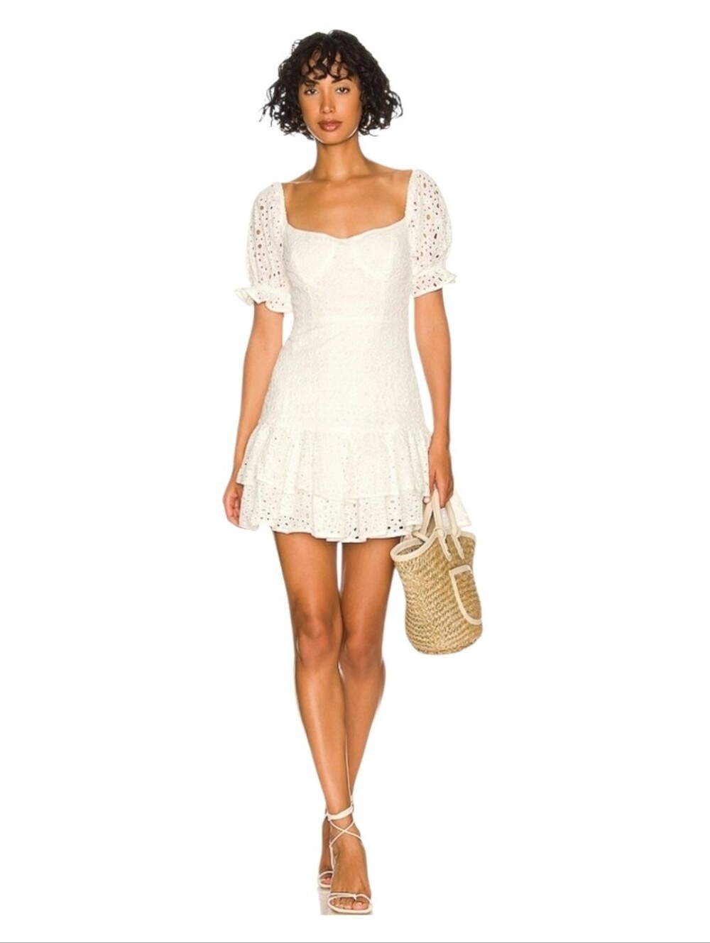 ASTR The Label Roseville White Eyelet Ruffle Puff Sleeve Mini Dress. SZ Medium